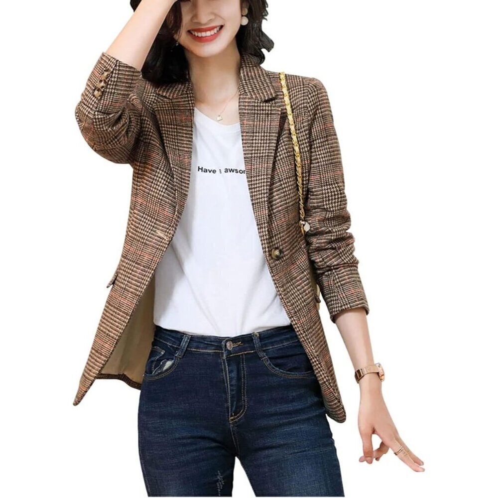 Ebossy Blazer Women Brown Notch Lapel 2Button Suit Houndstooth Plaid Jacket Coat - Picture 3 of 5
